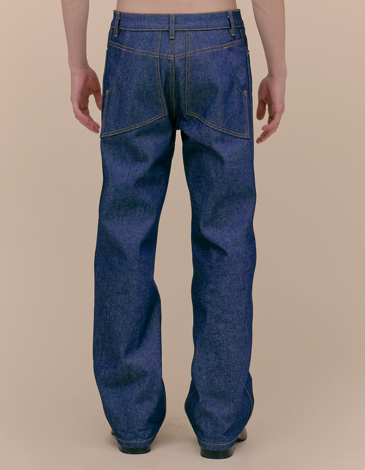Our classic wide leg jeans are cut in an American raw deadstock indigo denim. The jeans are distinguished with our trademark back patch pockets, and have a zip fly closure with a logo shank on the waistband along with rivets on the front pockets in nickel hardware. 100% cotton. Made in Los Angeles. Models wear sizes 27 and 30.