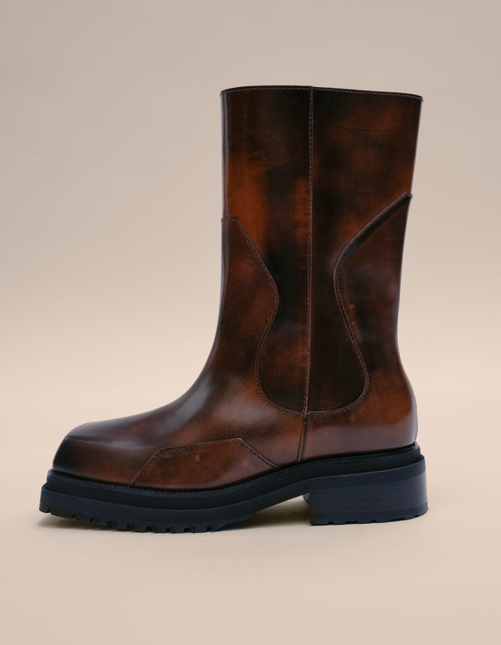 STACKED BOOT IN BROWN ANTIK LEATHER