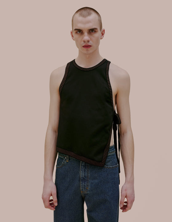 Eckhaus Latta black tank top with tie.