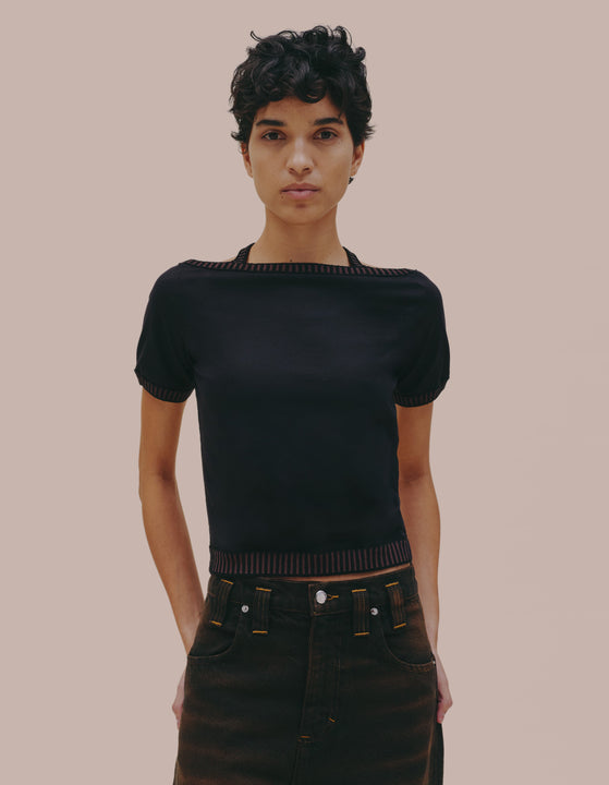 Eckhaus Latta backless top with knit trim. 