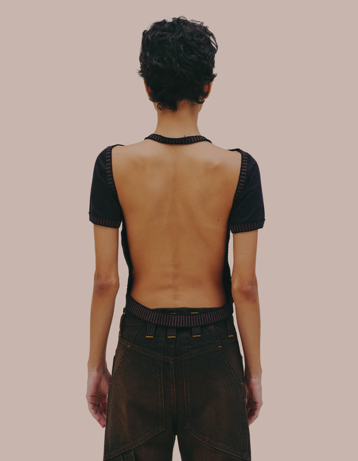 Eckhaus Latta backless top with knit trim. 