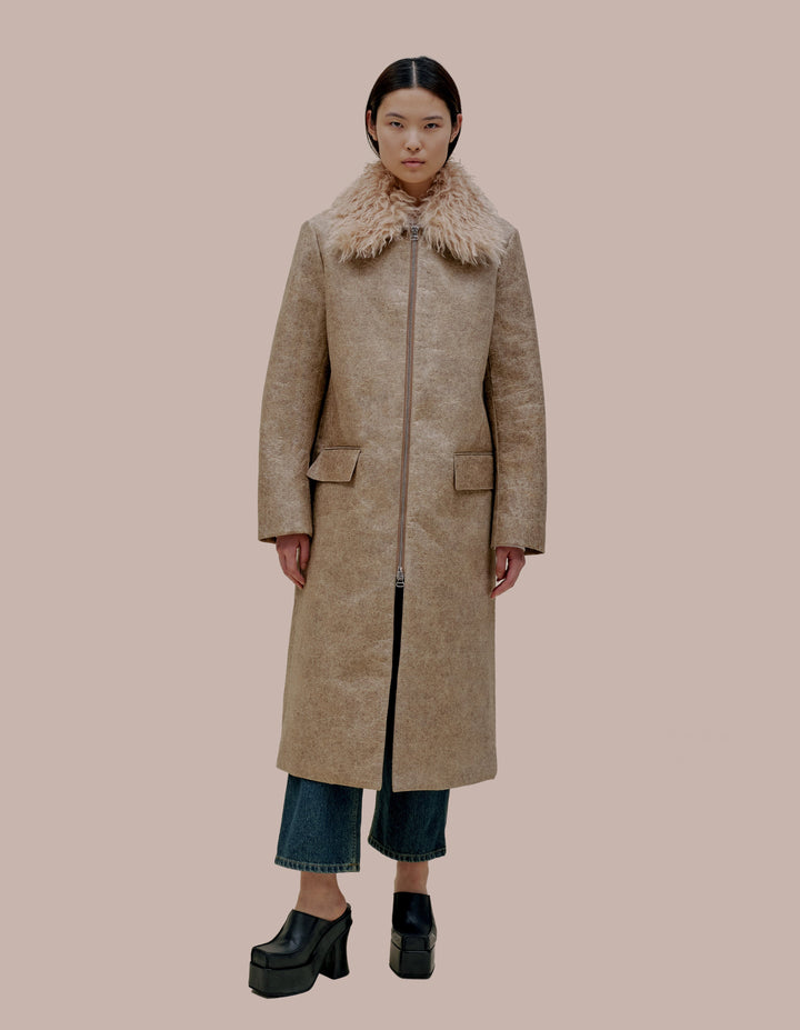 Eckhaus Latta faux fur trimmed coat.