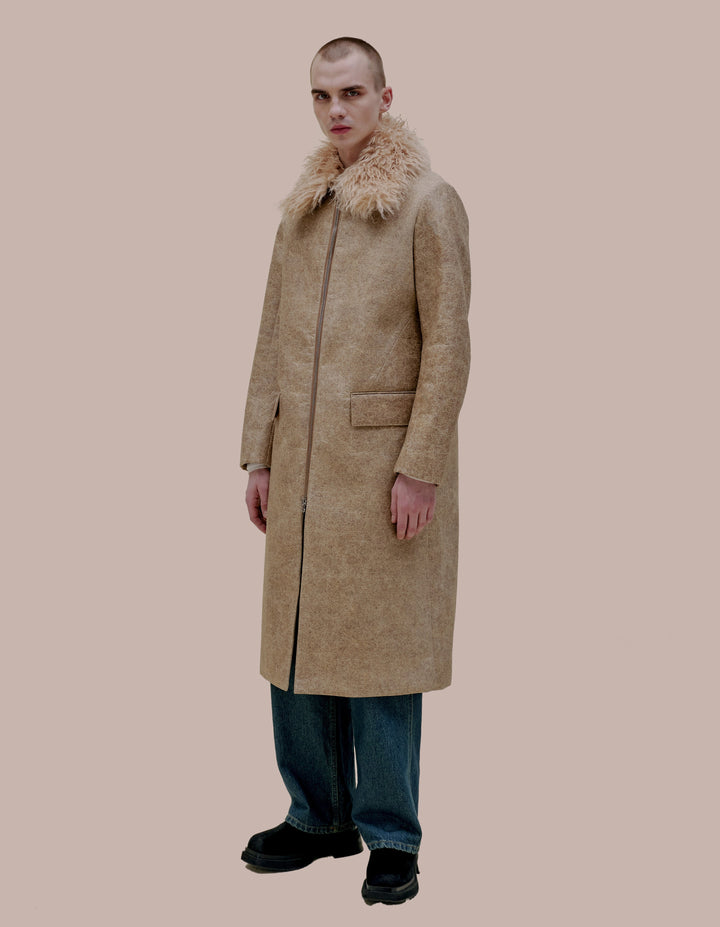 Eckhaus Latta faux fur trimmed coat.