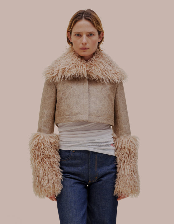 Eckhaus Latta faux fur trimmed jacket.