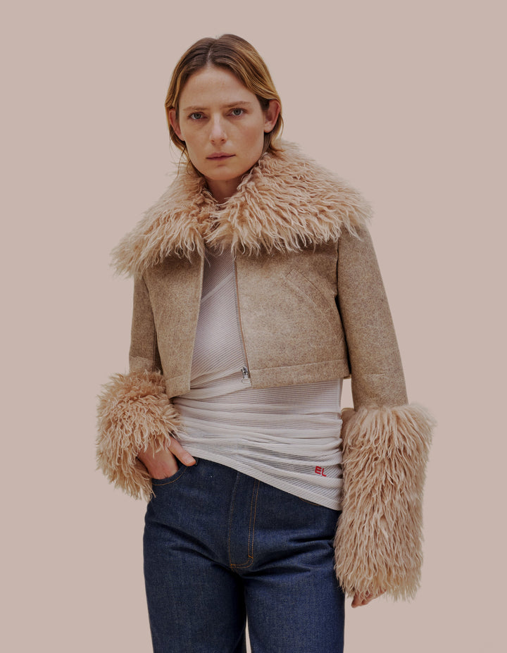 Eckhaus Latta faux fur trimmed jacket.