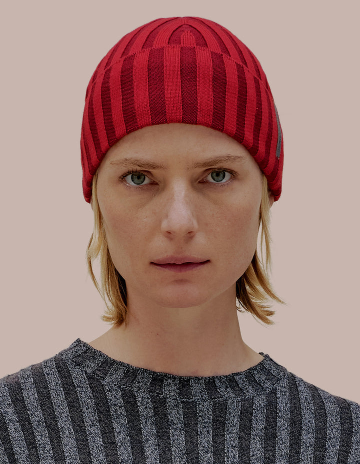 Eckhaus Latta knit beanie in ruby. 