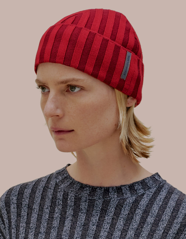 Eckhaus Latta knit beanie in ruby. 