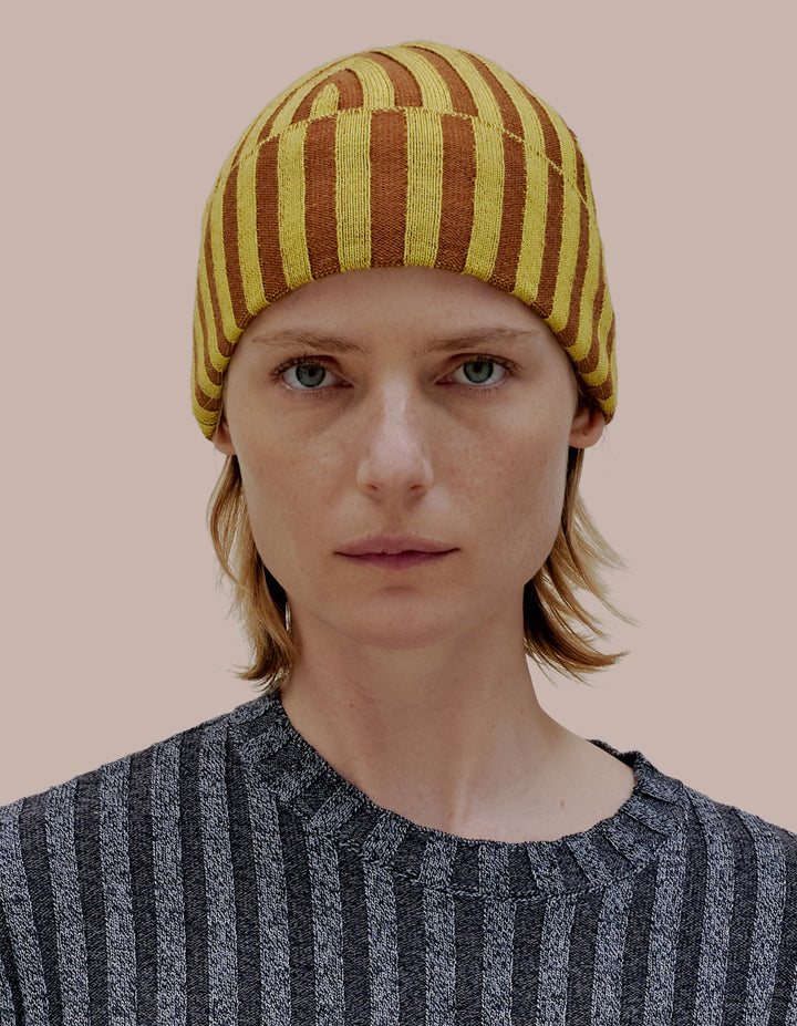 Eckhaus Latta knit beanie in sulphur. 