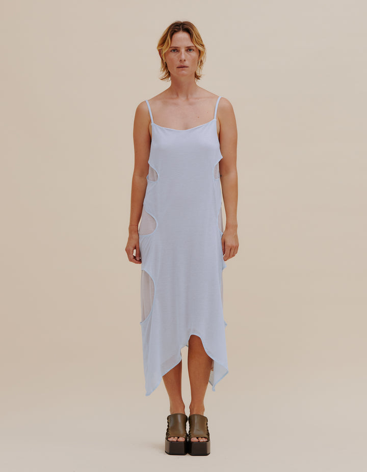 Cascading spaghetti strap midi dress in a layered, wispy blue, tissue-weight jersey.&nbsp; Relaxed fit with a shaped hemline, finished with&nbsp;our classic logo screenprinted at center back neckline. Straps are adjustable. Model wears size S. 85% polyester, 15% rayon. Made in China.