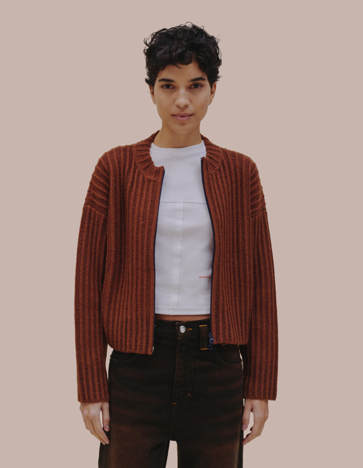 Eckhaus Latta boxy cardigan in Mulch. 