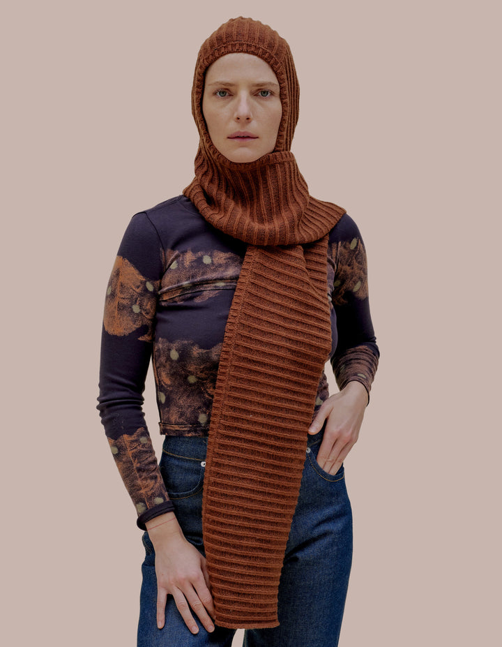 Eckhaus Latta bonnet scarf in mulch. 