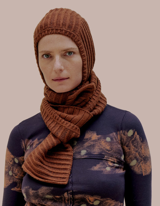 Eckhaus Latta bonnet scarf in mulch. 